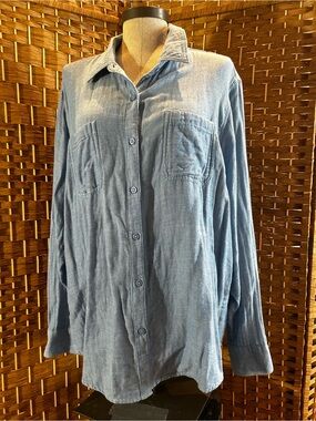 Rider by Lee 1X Chambray Button Front Shirt Roll Tab Sleeve Gauze Cotton Top